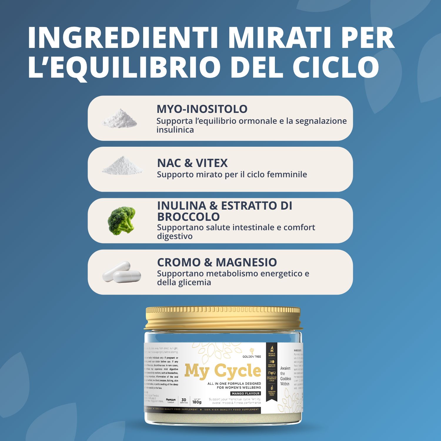 Panoramica degli ingredienti della polvere Golden Tree My Cycle Mango in italiano.