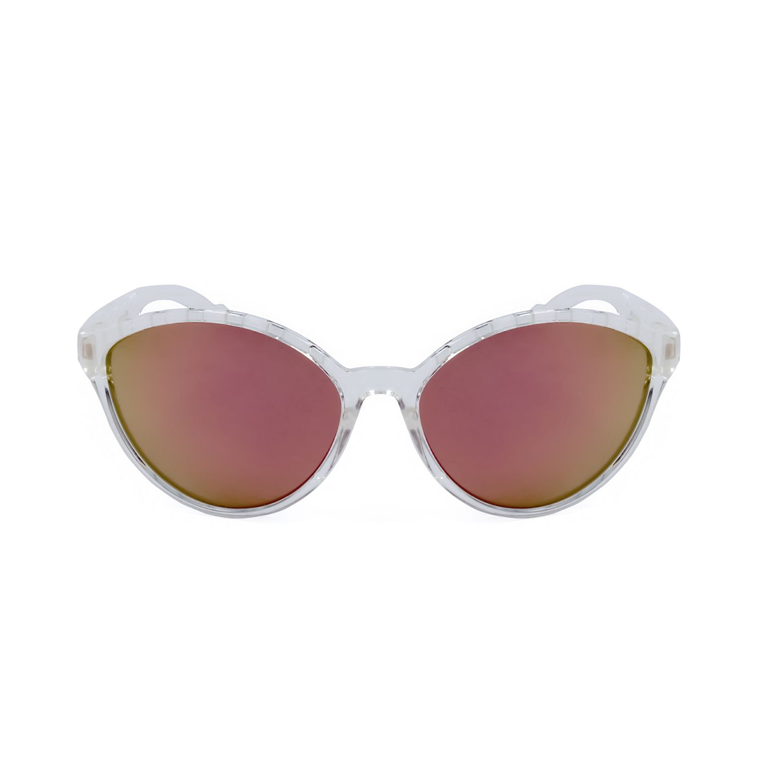 Occhiali da sole trasparenti con lenti a specchio color oro rosa e forma a occhio di gatto.