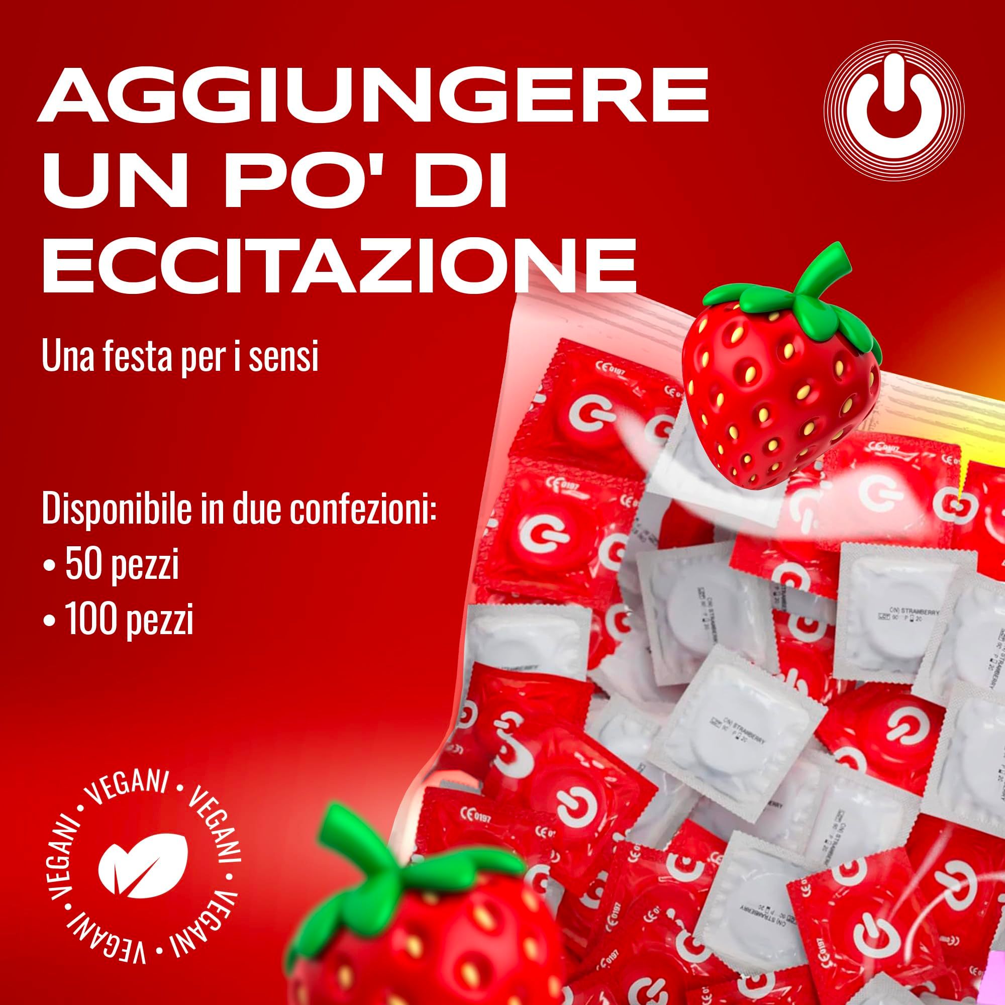 Confezione da 50 preservativi rossi aroma fragola.