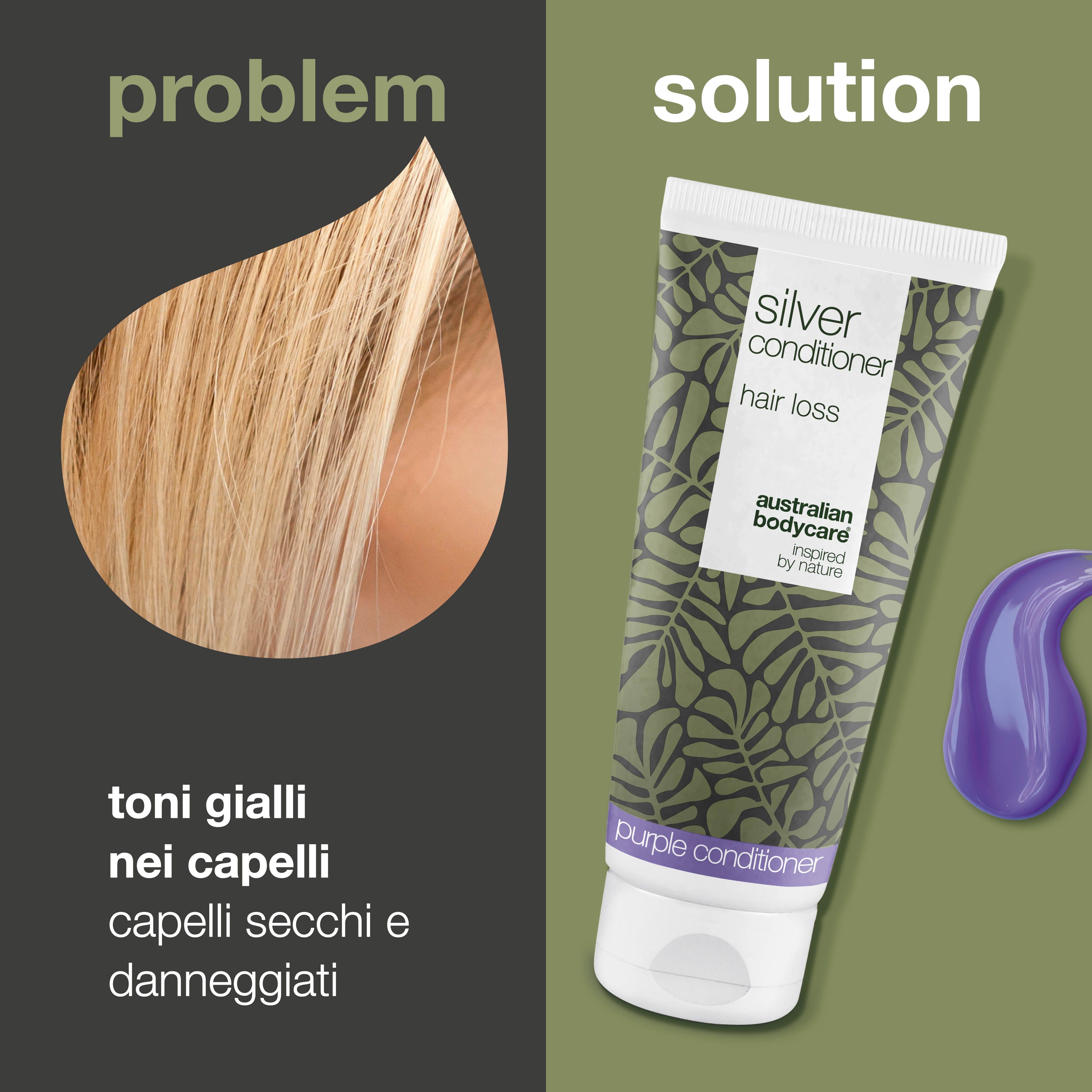 Ciocca di capelli e tubo di balsamo. Testo: Silver Conditioner, caduta dei capelli. Marchio: Australian Bodycare.