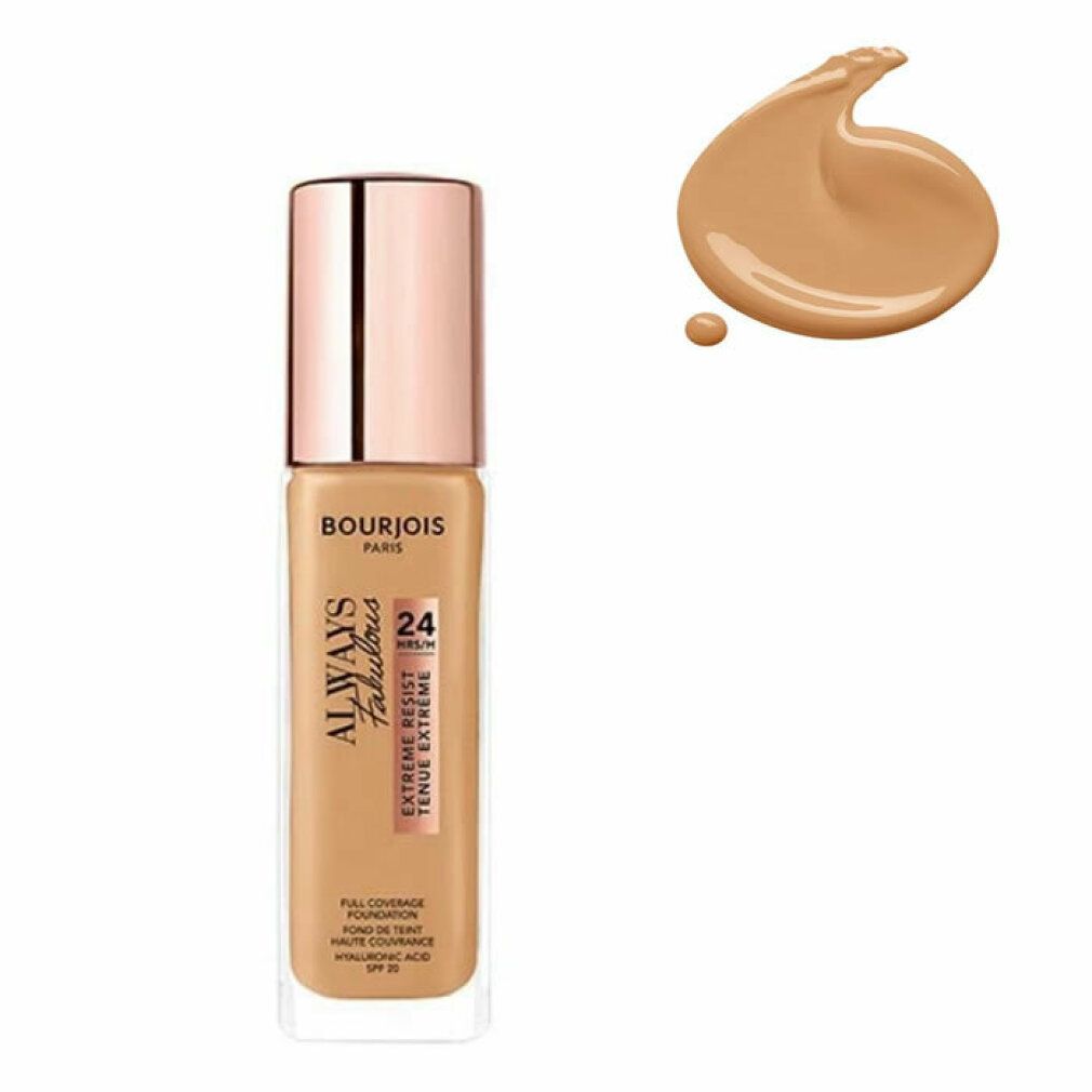 Fondotinta Bourjois Always Fabulous. Flacone con macchia di colore. Testo: 24H, SPF 20.
