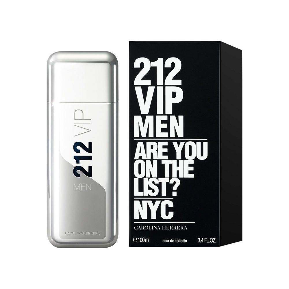 Flacone argentato e confezione nera. Scritta: 212 VIP MEN, Carolina Herrera.