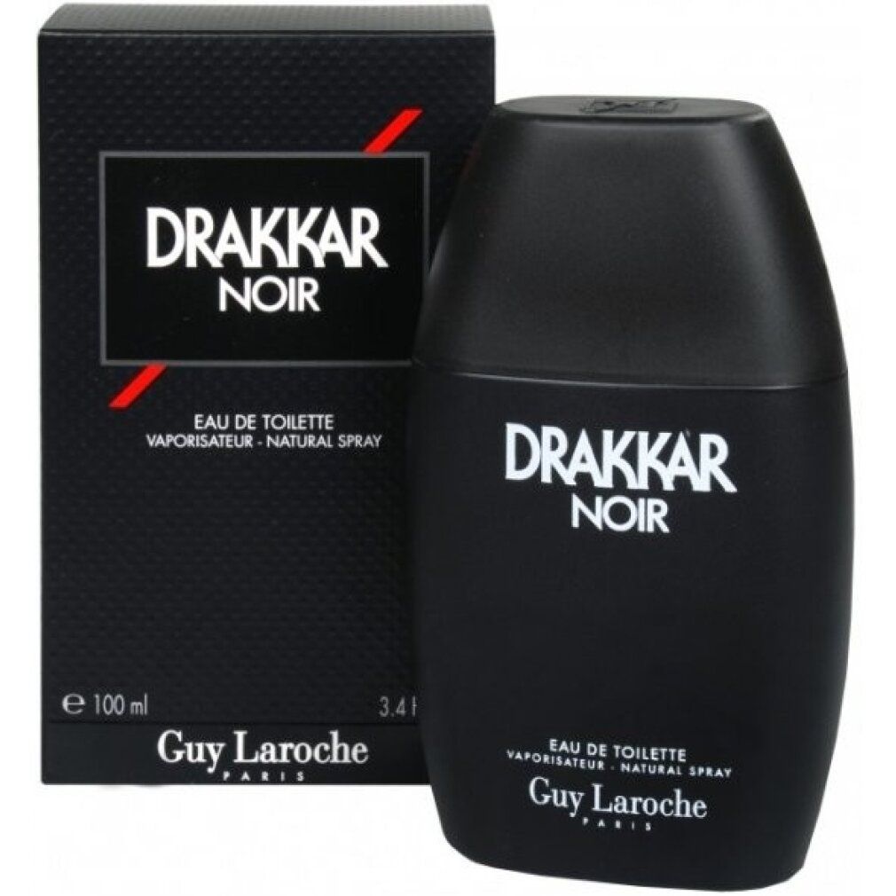 Flacone nero e scatola con scritta bianca "Drakkar Noir". Visibili anche "Eau de Toilette" e "Guy Laroche".