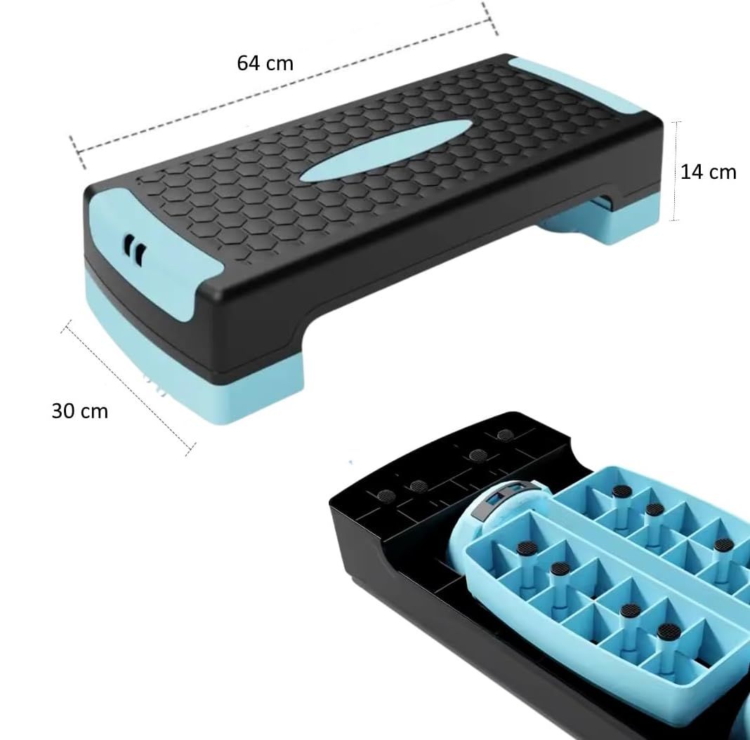 Stepper nero con accenti turchesi. Dimensioni: 64x30x14 cm. Vista dettagliata del fondo.