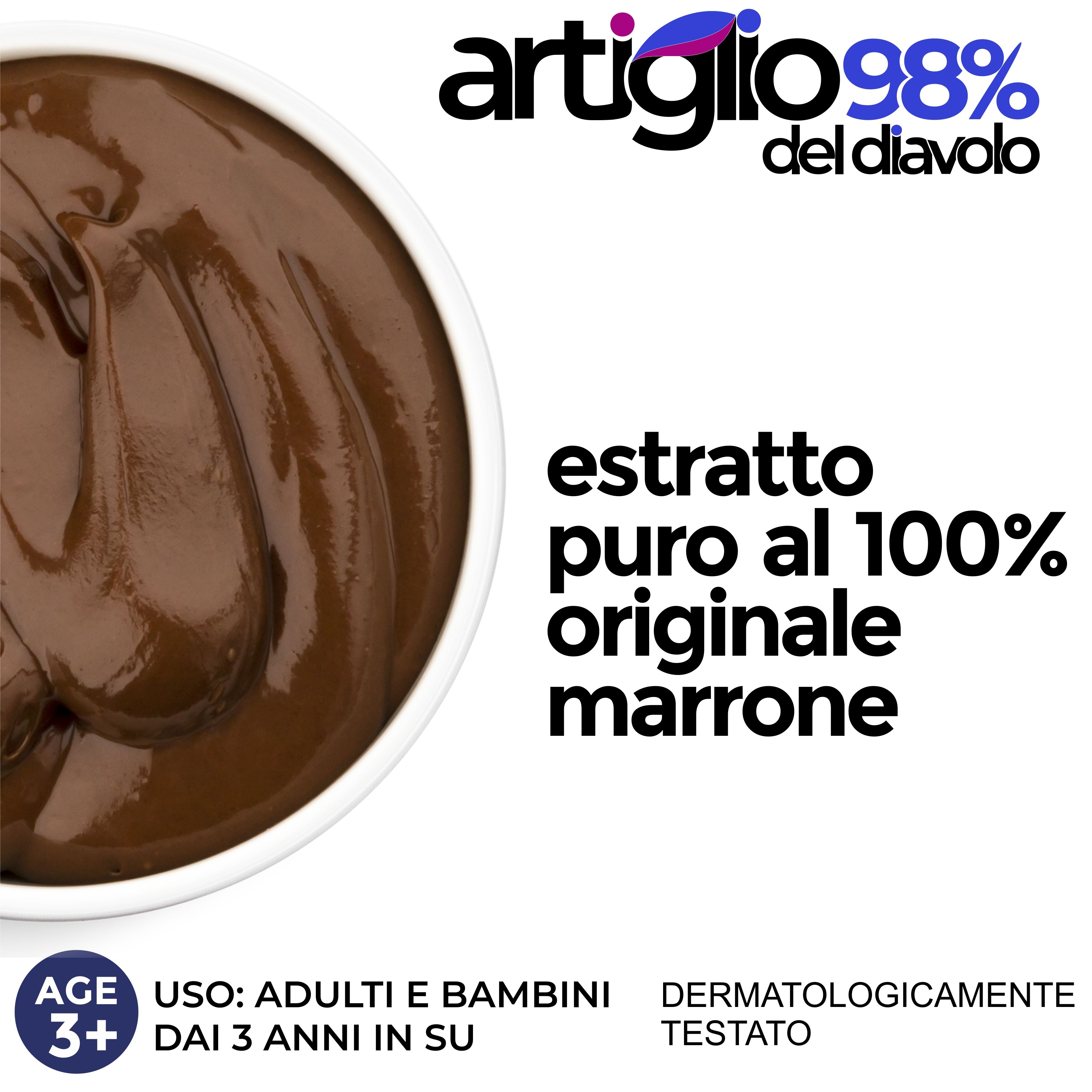 Texture gel marrone in ciotola bianca. Scritta Artiglio 98% del diavolo. Testo: Estratto, puro, originale, marrone. Age 3+.