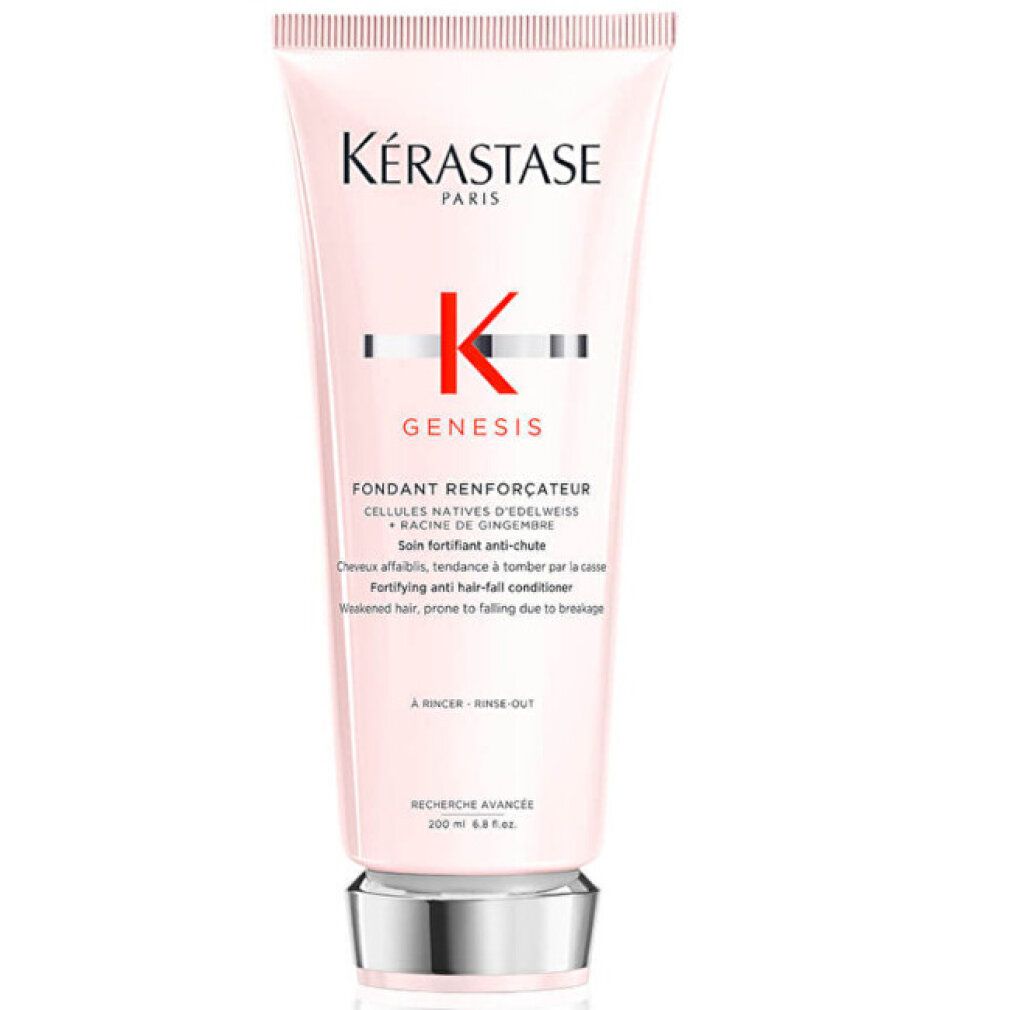 Tubo rosa con tappo argentato. Kérastase Genesis, logo e testo. Fondant Renforcateur, balsamo anticaduta. Per capelli indeboliti.