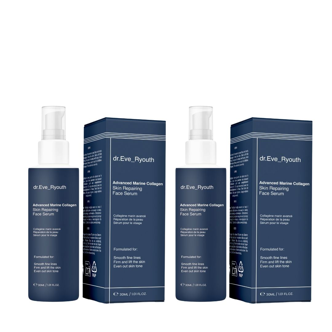 Due flaconi di siero e due scatole. Scritta: dr.Eve_Ryouth, Advanced Marine Collagen Skin Repairing Face Serum. Confezione blu.