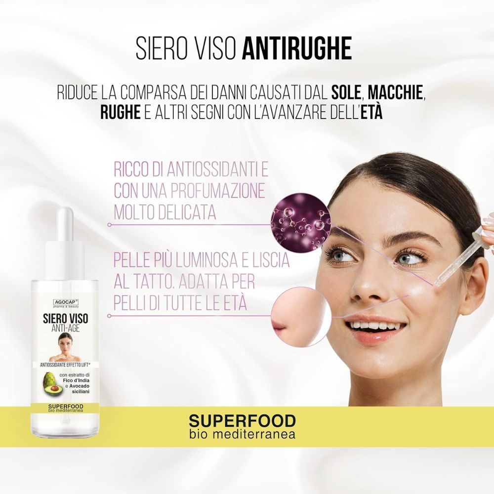 Flacone di siero viso. Scritta: Siero Viso Anti-Age. Con estratto di avocado e fico d'India. Superfood. Donna con pipetta.
