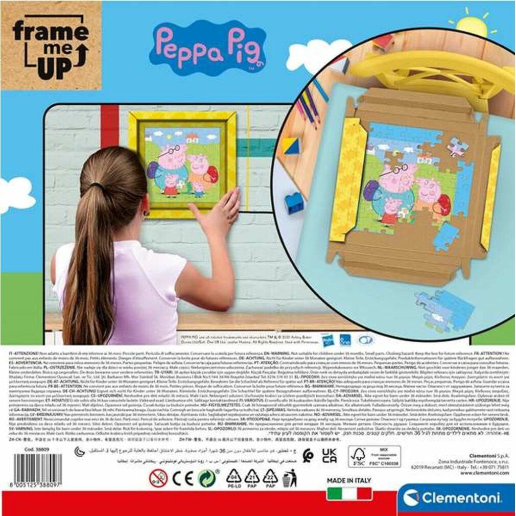 Retro della confezione del puzzle. Puzzle Peppa Pig con cornice. Pezzi su un vassoio. Ragazza che tiene il puzzle.