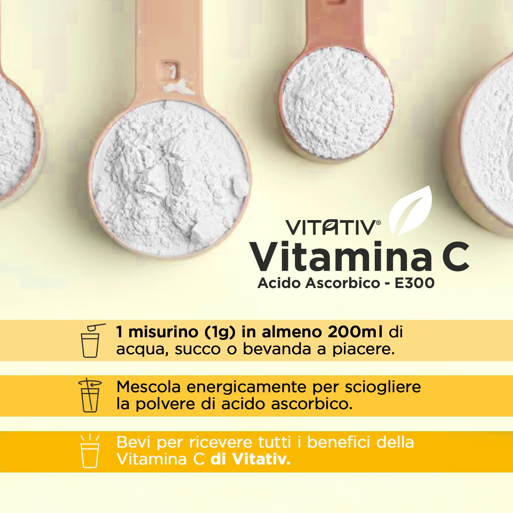 Vitativ® Vitamina C 300g Pura, Acido Ascorbico E300 in polvere solubile | Sistema immunitario