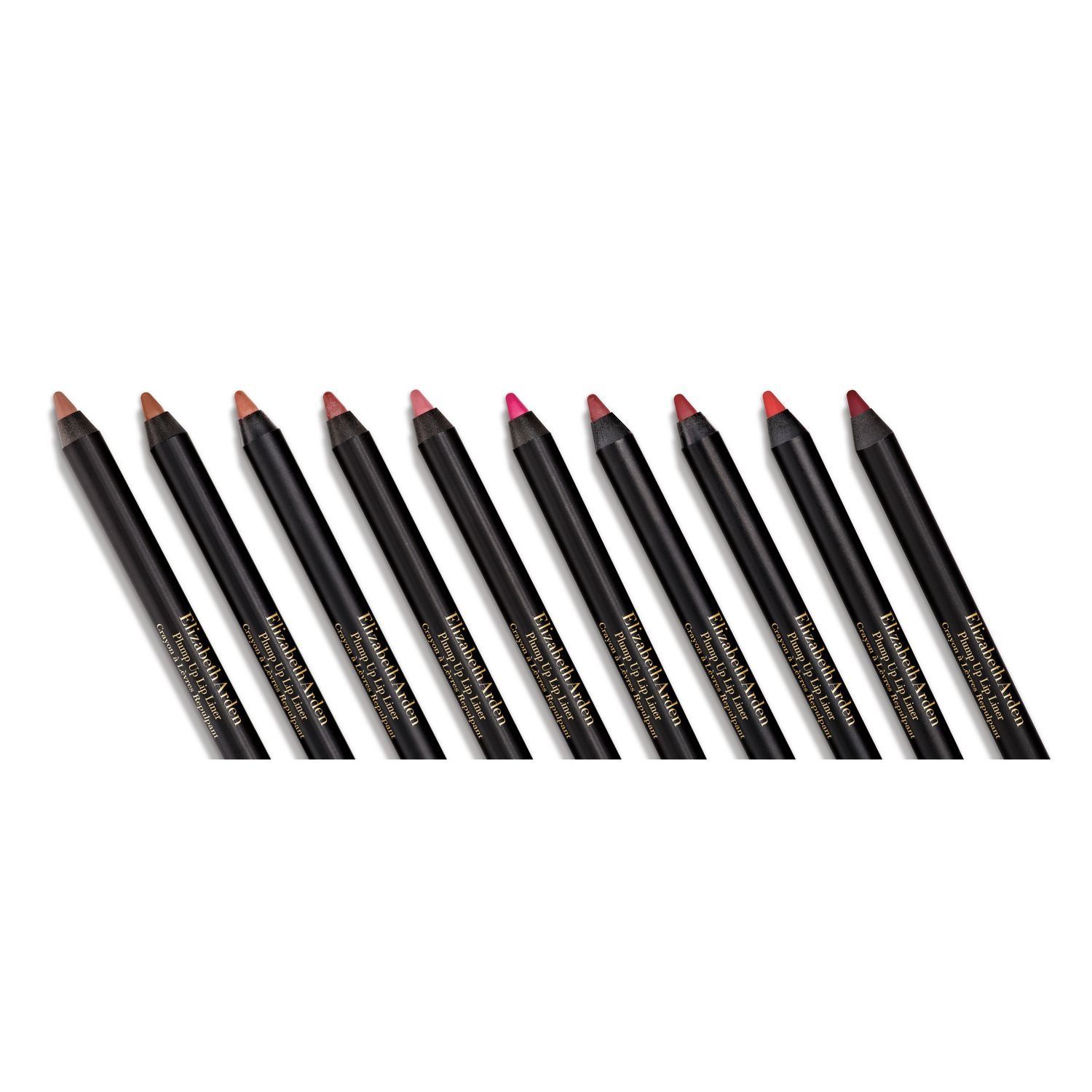 Fila di nove matite labbra di diversi colori. Marchio Elizabeth Arden. Matite nere.