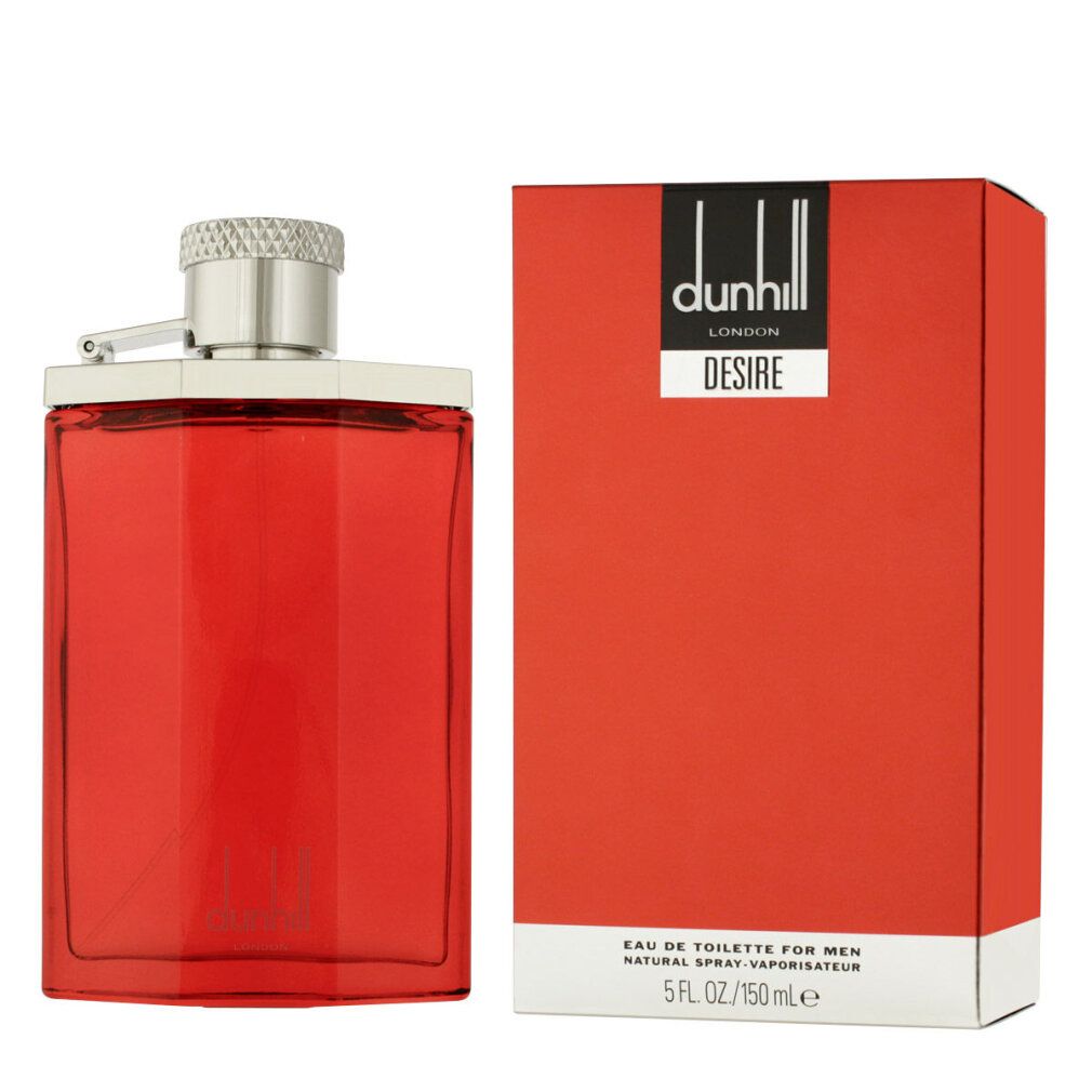 Spray Eau de Toilette rosso accanto a confezione rossa. Sulla confezione è scritto "dunhill LONDON DESIRE". Flacone e confezione rettangolari.