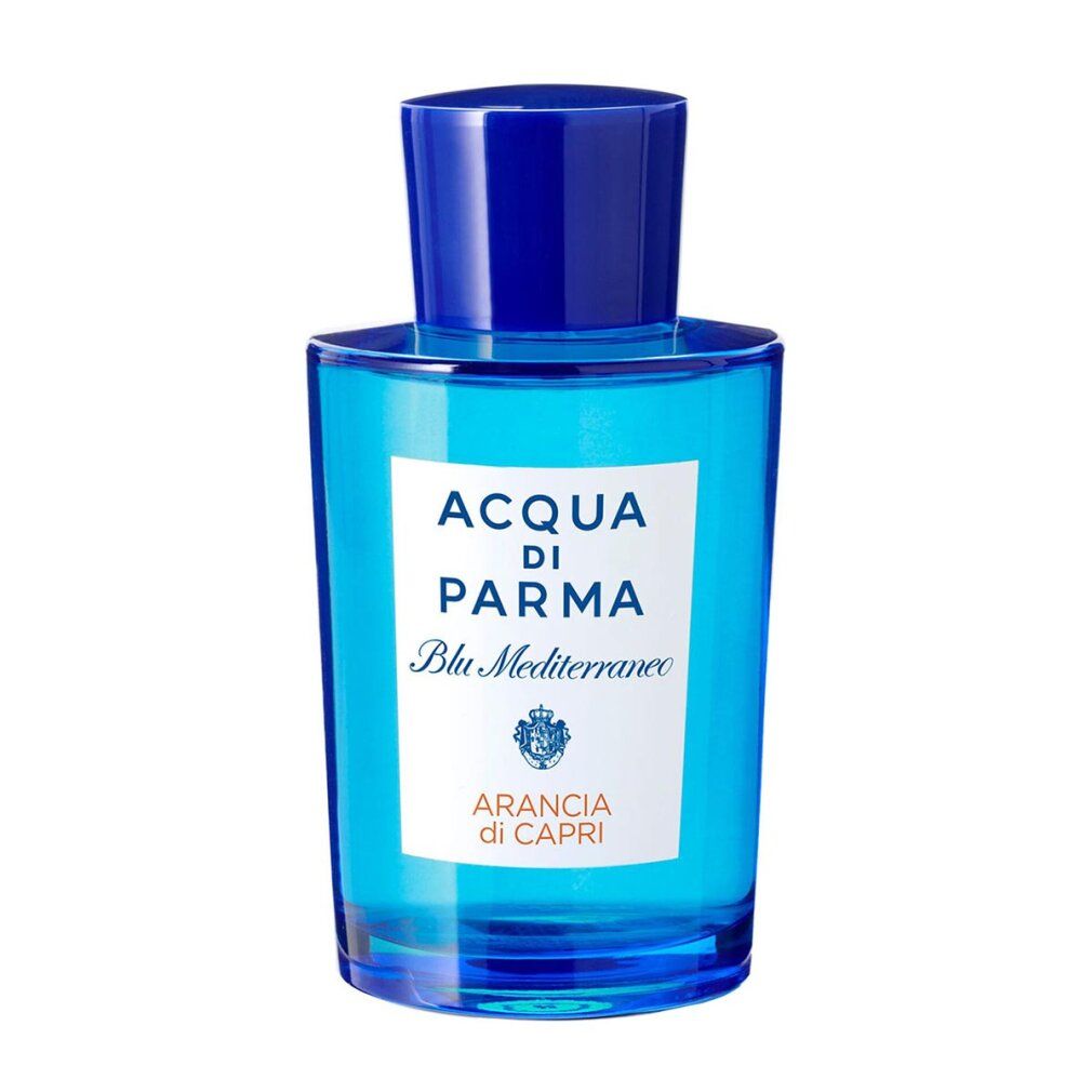 Flacone di profumo blu con etichetta bianca. Scritta: ACQUA DI PARMA Blu Mediterraneo Arancia di Capri.