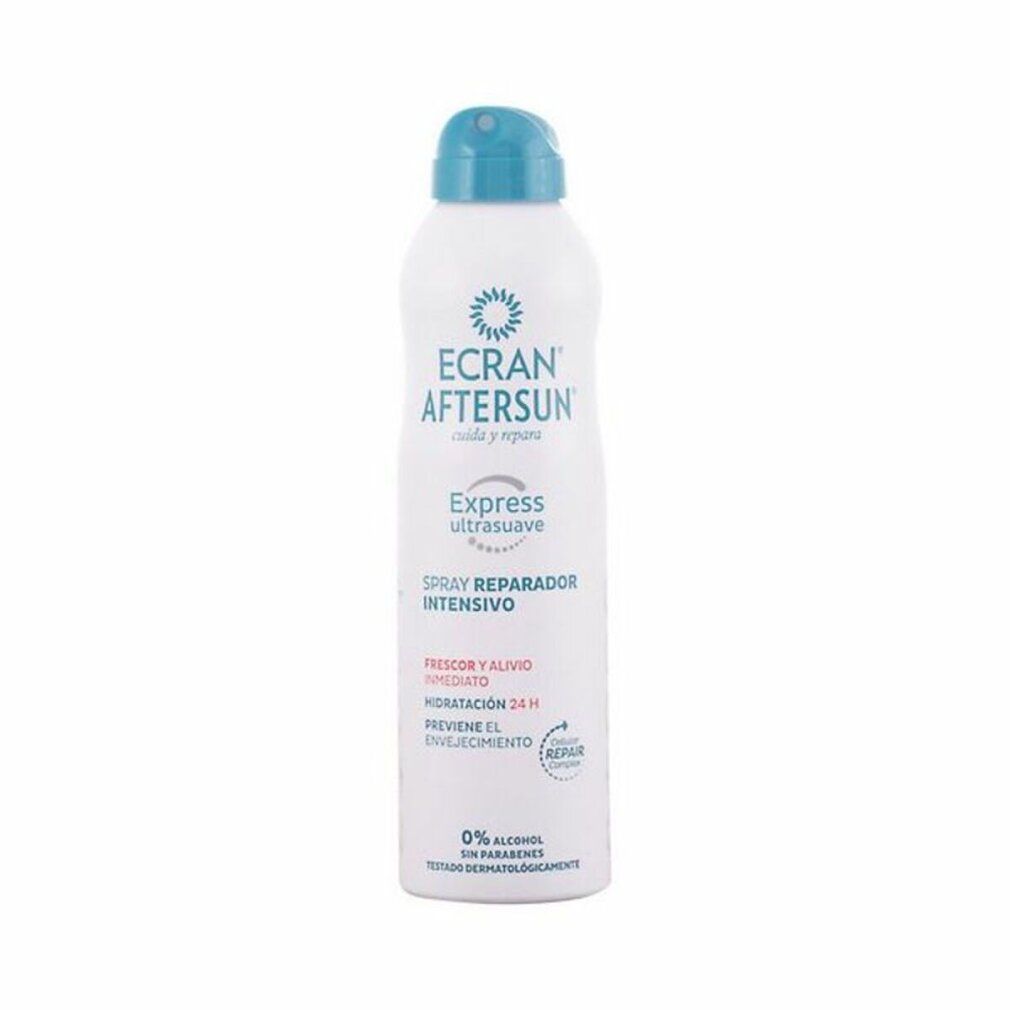Spray bianco con tappo blu. Scritta: ECran Aftersun, Express ultrasoft, Spray Reparador Intensivo. 0% alcool, senza parabeni.
