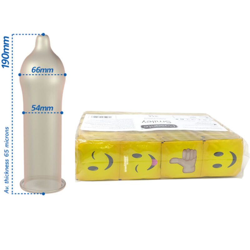 Preservativo con dimensioni: 190mm di lunghezza, 66mm di larghezza, 54mm di diametro. Accanto a una confezione di preservativi Pasante Smiley. Spessore medio: 65 micron.