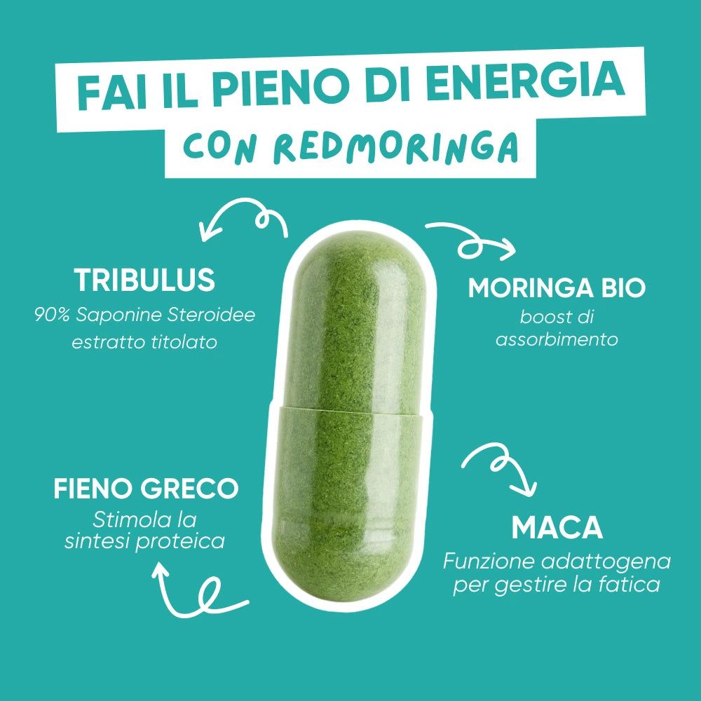 Capsula verde. Testo: Tribulus, Fieno greco, Moringa Bio, Maca. Stimola la sintesi proteica. Funzione adattogena.