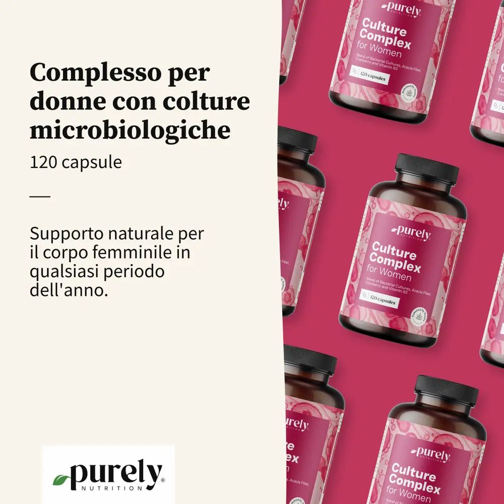 Diverse bottiglie con capsule. Testo: Culture Complex for Women. 120 capsule. Scritta: Purely Nutrition.