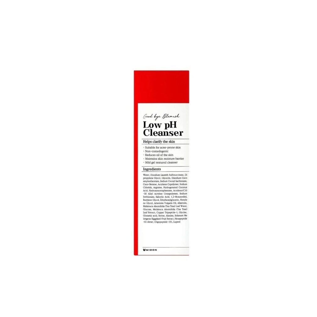 Confezione del prodotto. Scatola. Scritta: Low pH Cleanser. Marchio: MIZON. Contiene ingredienti.