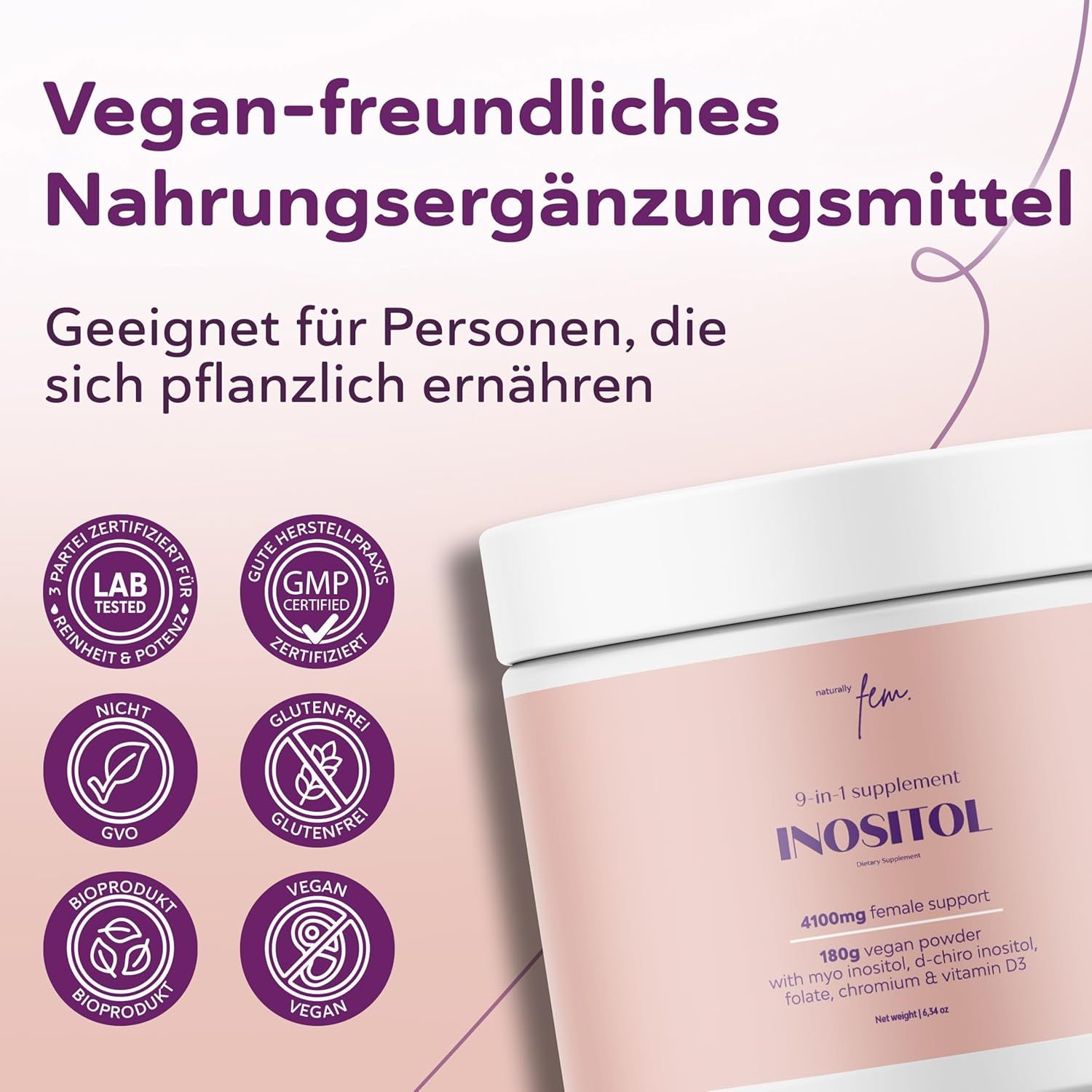 QSTA D-Chiro & Myo Inositol Polvere: sigilli per produzione certificata GMP, senza glutine, vegana e bio.