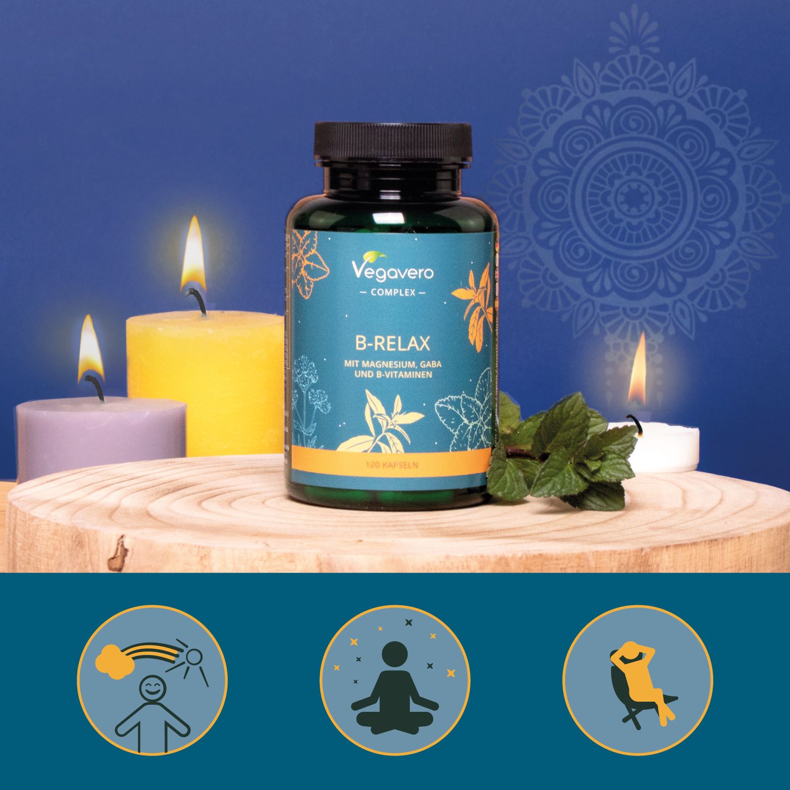 Flacone B-Relax su legno. Candele e piante. Simboli di relax. Sfondo blu.