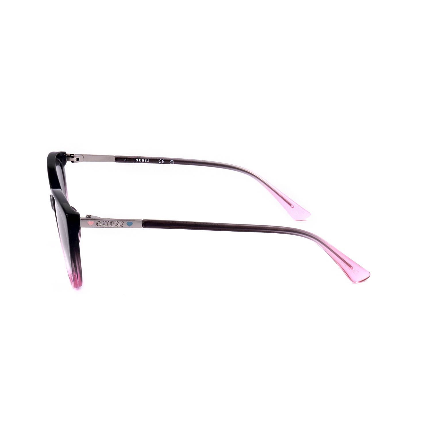 Occhiali Guess neri e rosa, vista laterale. Con accenti argentati e logo del marchio.