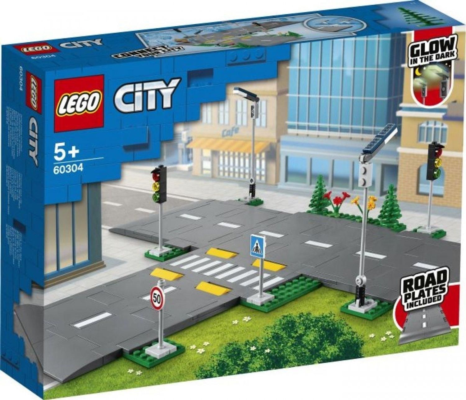 Set di piattaforme stradali LEGO City. Include piattaforme, semafori, segnali stradali e edifici. Confezione con logo.