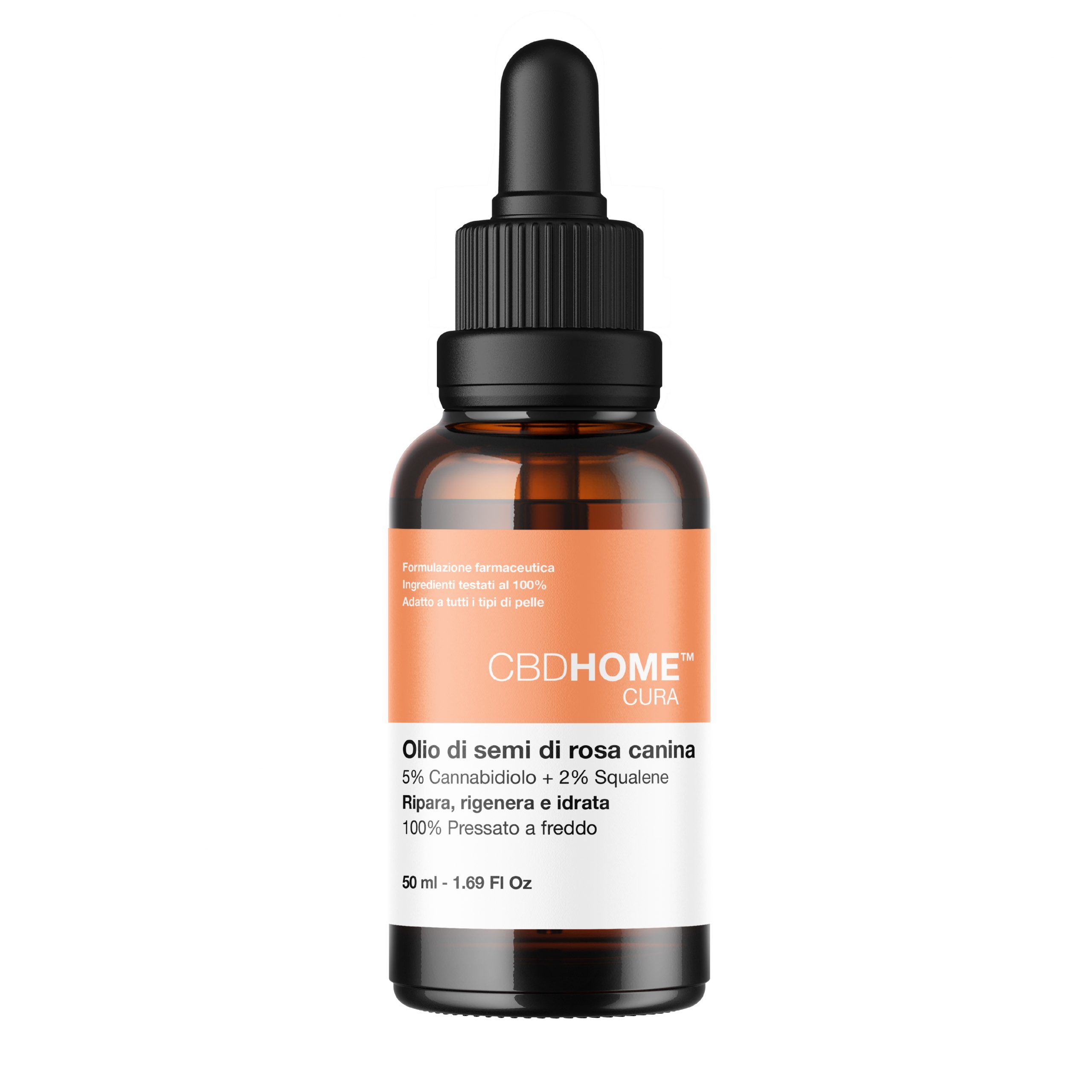 Flacone di olio di rosa canina CBDHOME con contagocce e confezione cilindrica.