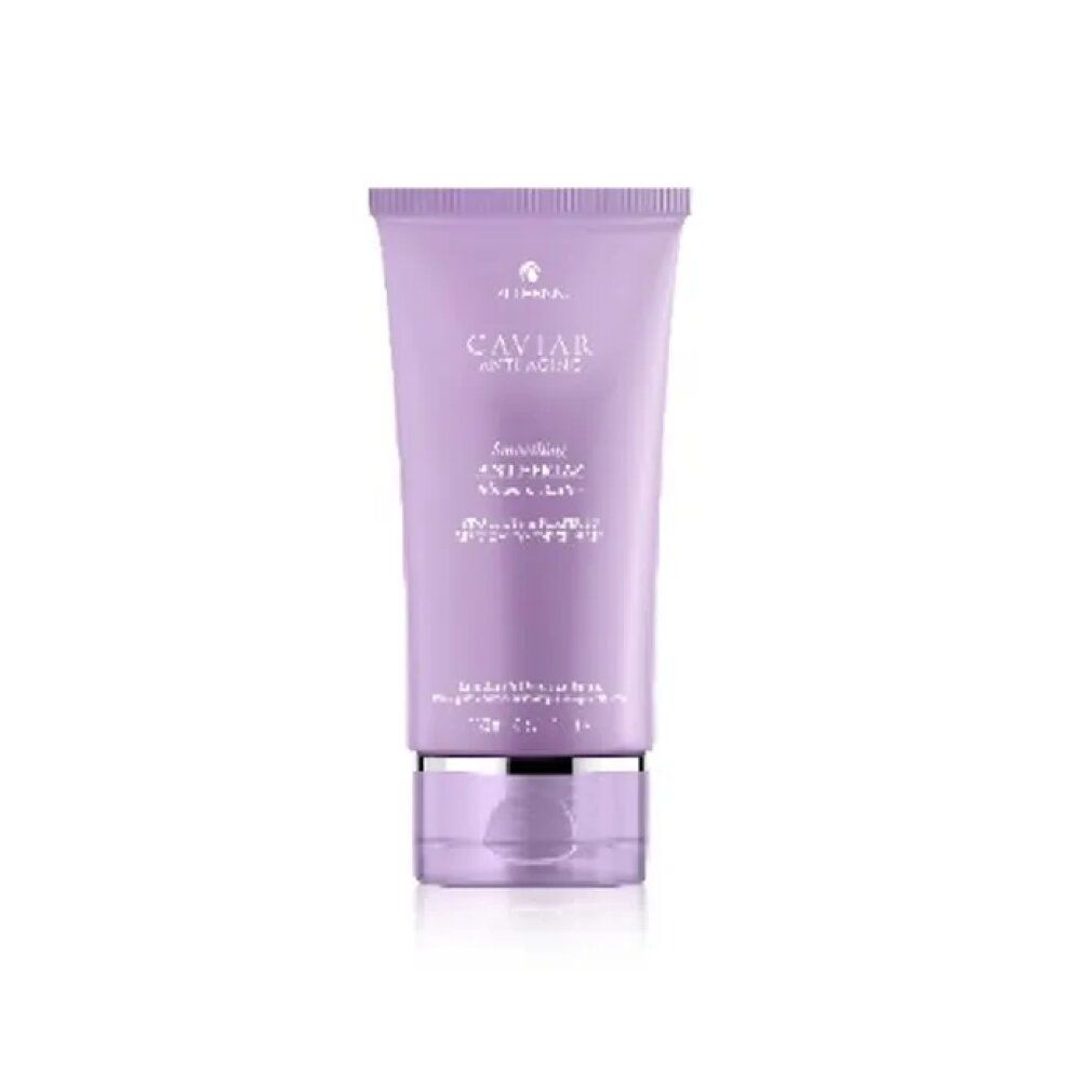 Tubo lilla con testo. Anello argentato alla base. Nome prodotto: Caviar Anti-Aging Smoothing Anti-Frizz Blowout Butter.