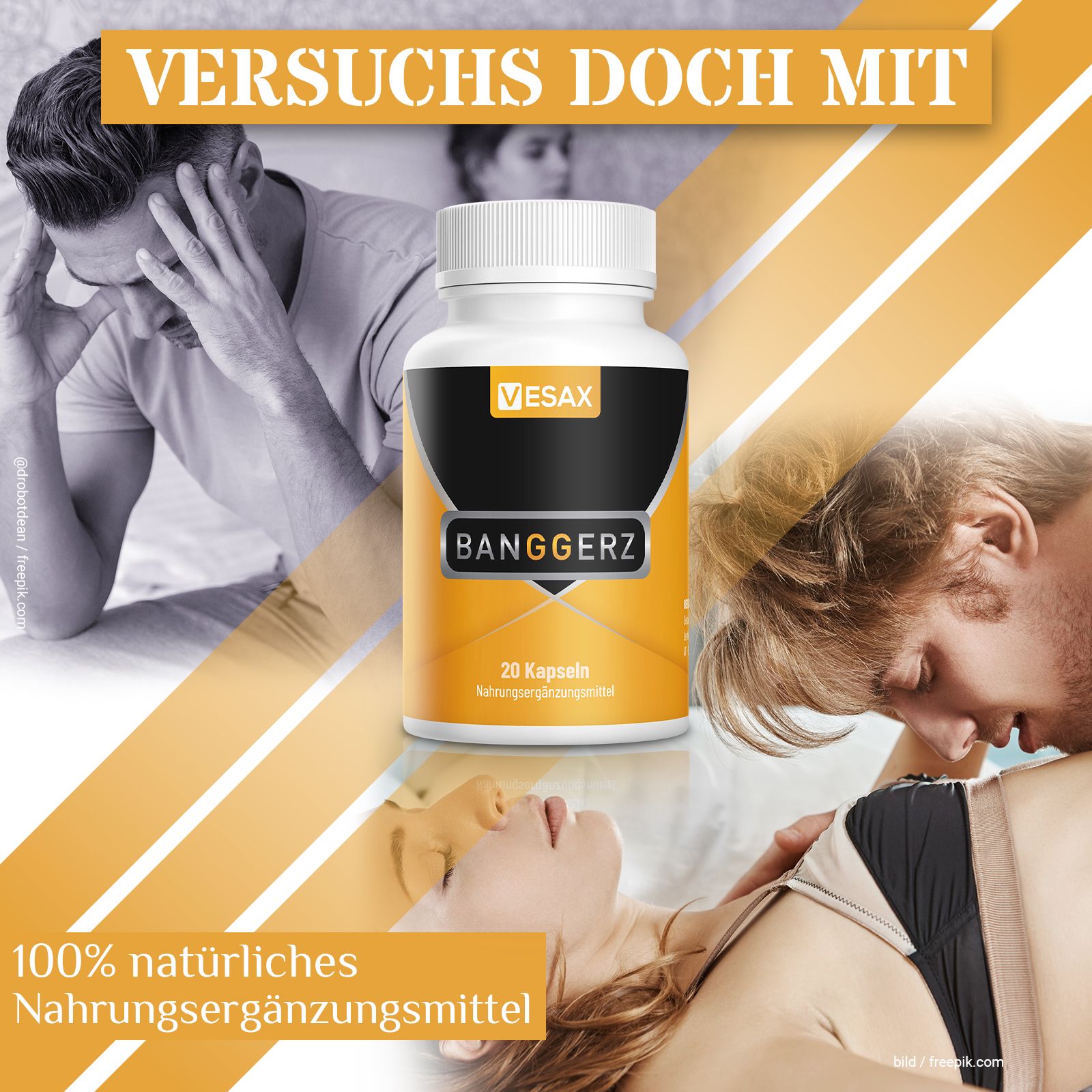 Flacone di capsule. Scritta: VESAX, BANGGERZ, 20 capsule. Testo: Integratore alimentare naturale al 100%.