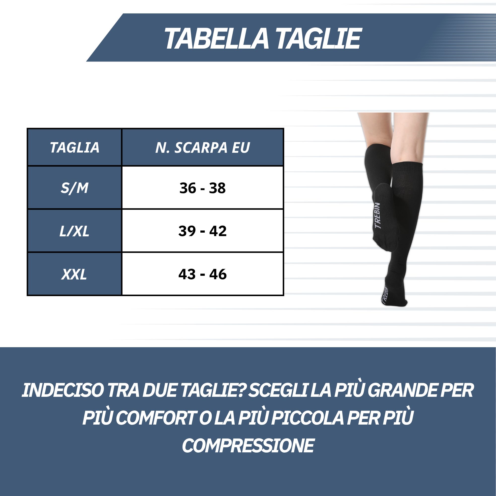 Tabella taglie per calze a compressione con numeri di scarpe.