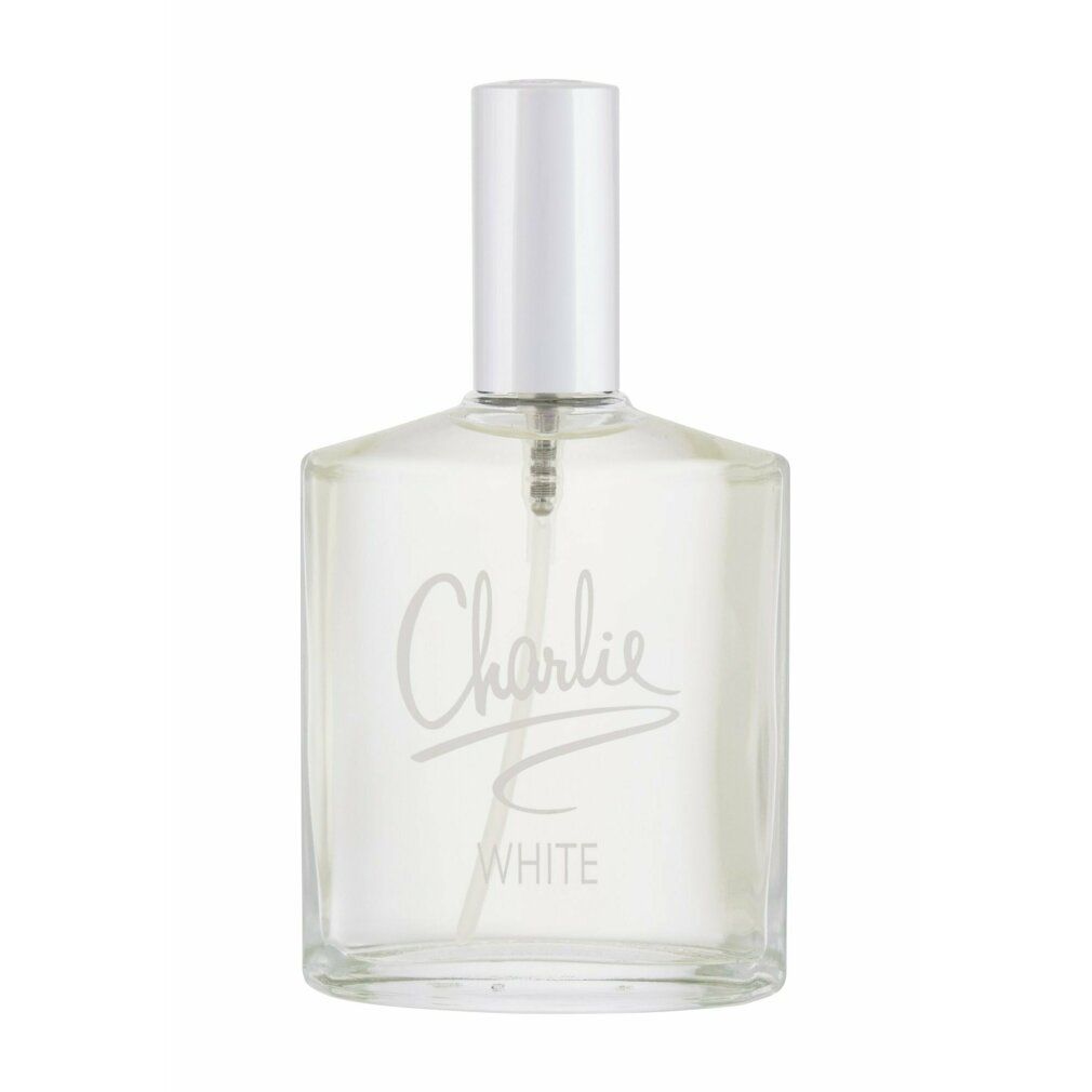 Flacone Charlie White Eau Fraiche. Scritta: Charlie White. Liquido trasparente. Spruzzatore argentato.