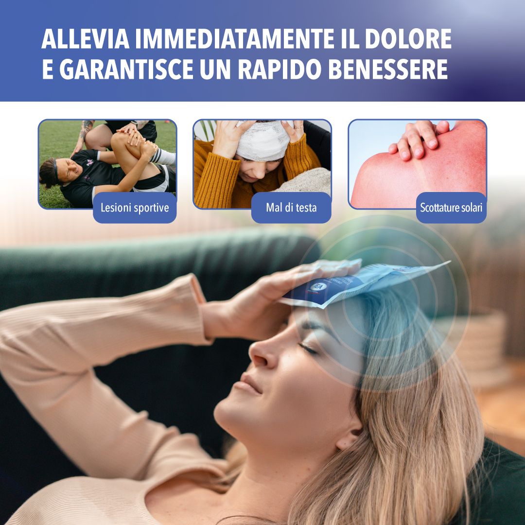 Donna con impacco freddo sulla fronte. Testo: Allevia subito il dolore. Immagini: lesioni sportive, mal di testa, scottature solari.
