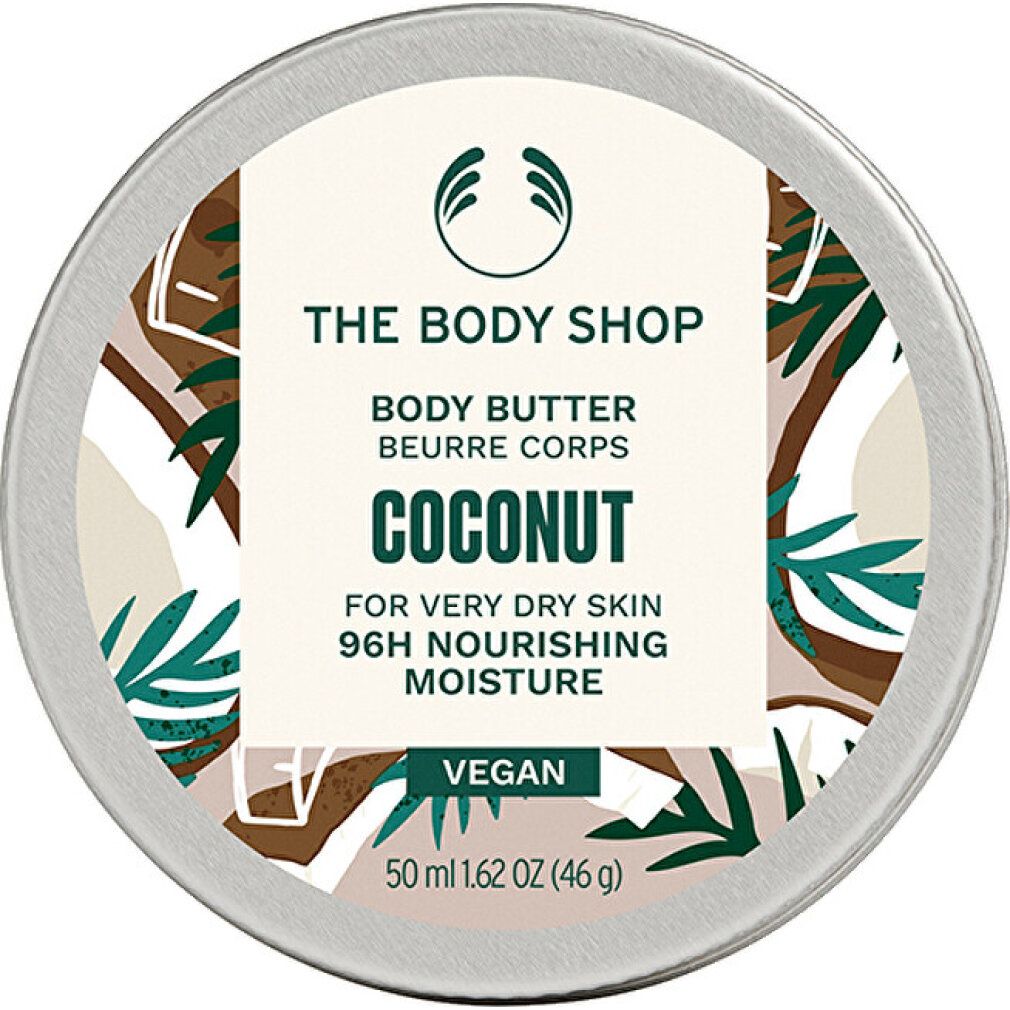 Barattolo rotondo di Body Butter The Body Shop. Scritta: Cocco, per pelli molto secche, 96h idratazione. Vegano. 50 ml.