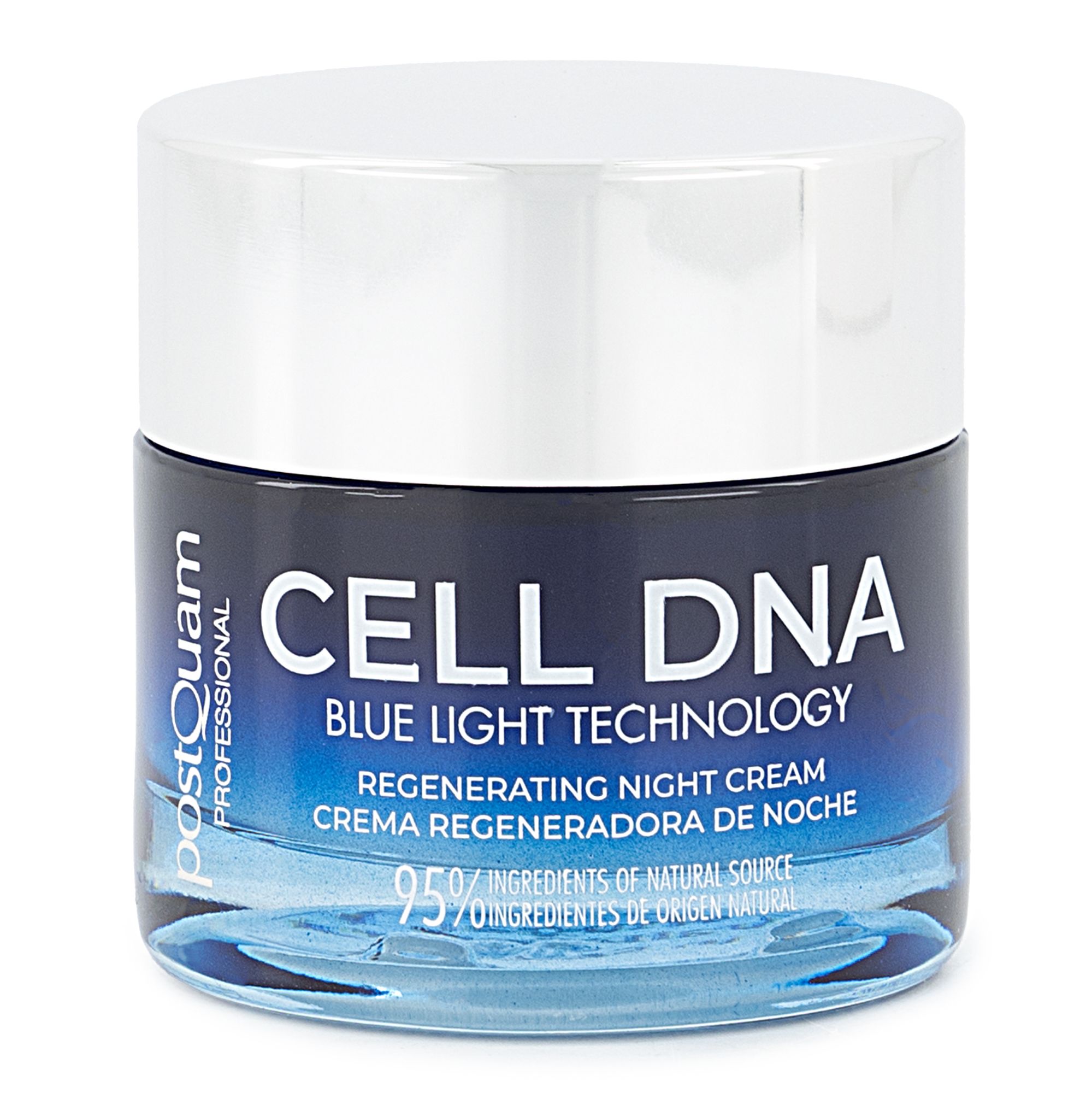 Vaso di crema con coperchio argentato. Scritta CELL DNA, Blue Light Technology, Regenerating Night Cream. 95% ingredienti naturali.