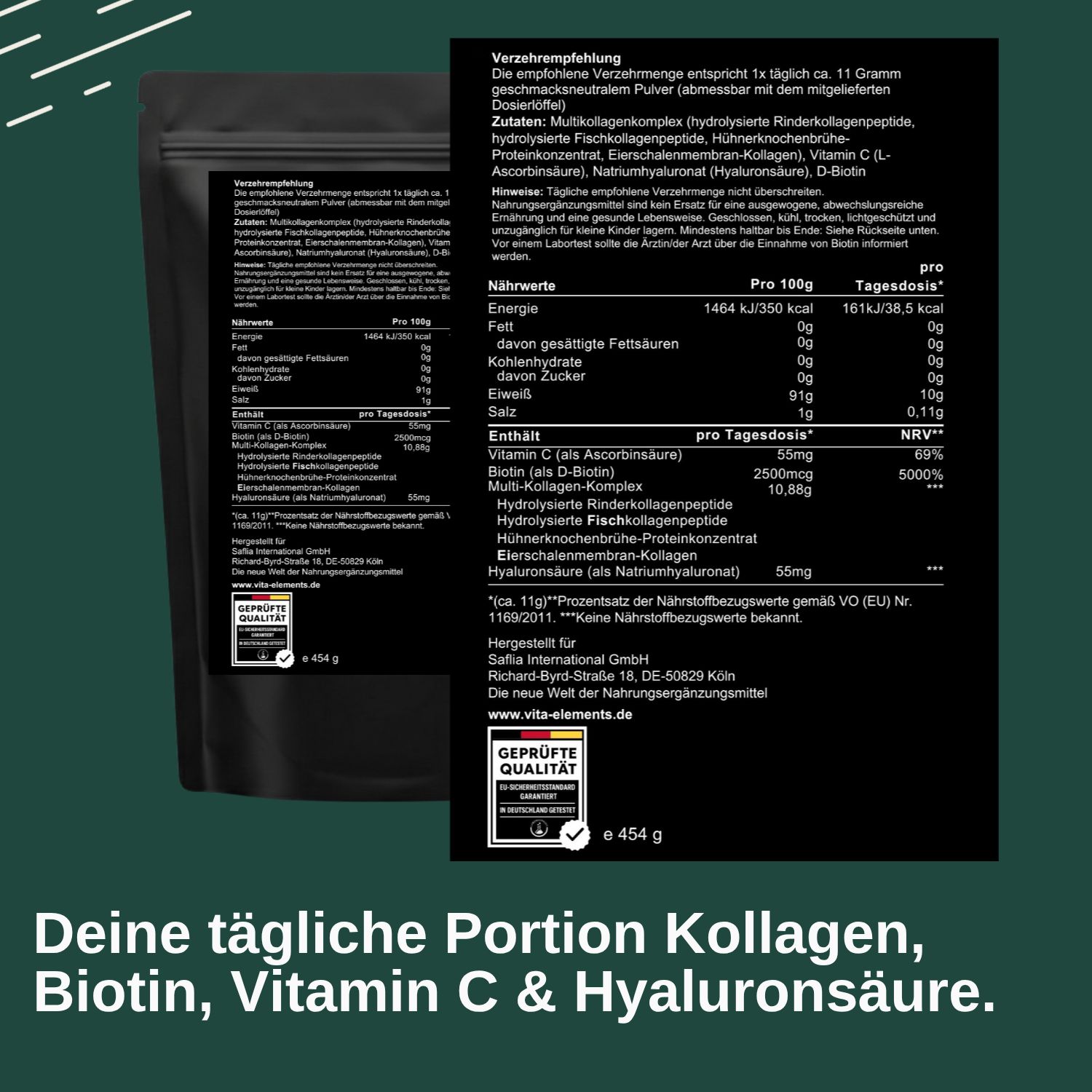 Retro di una busta Vita Elements Multi Collagene Peptide con informazioni nutrizionali e raccomandazioni d'uso. Qualità testata.