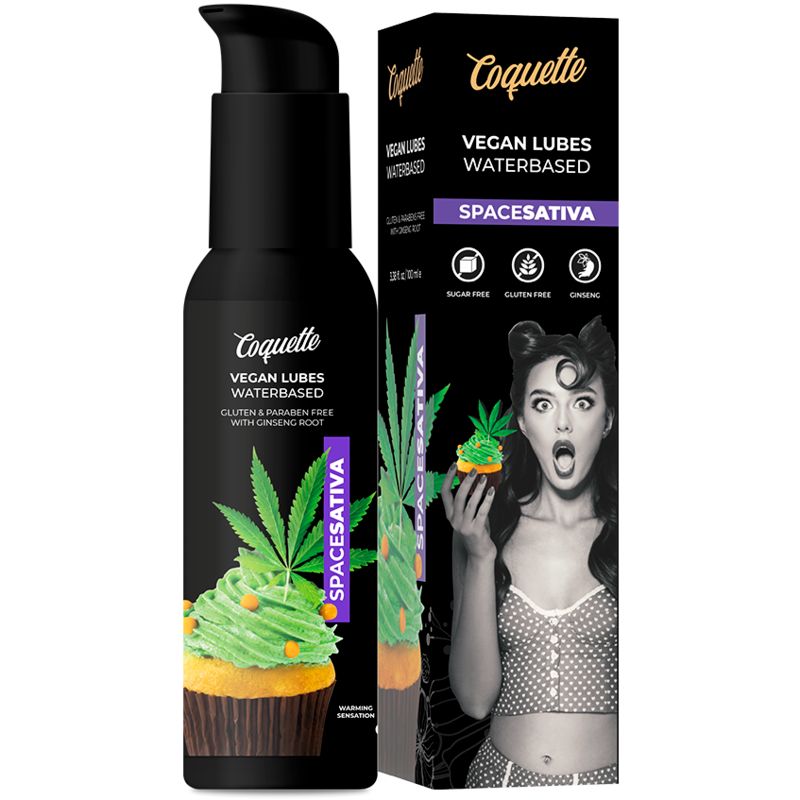 Confezione e flacone di lubrificante vegano Coquette Space Sativa, motivo cupcake.