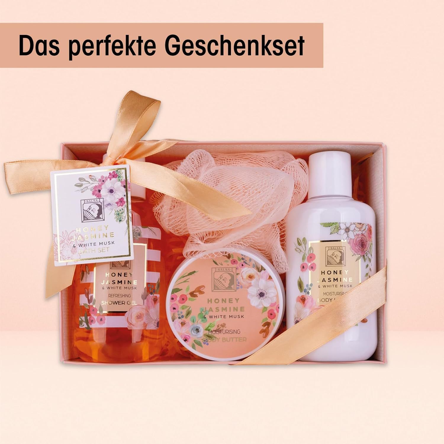 Confezione regalo con gel doccia, lozione, burro corpo e spugna. Con fiocco e scritta 'Il set regalo perfetto'.