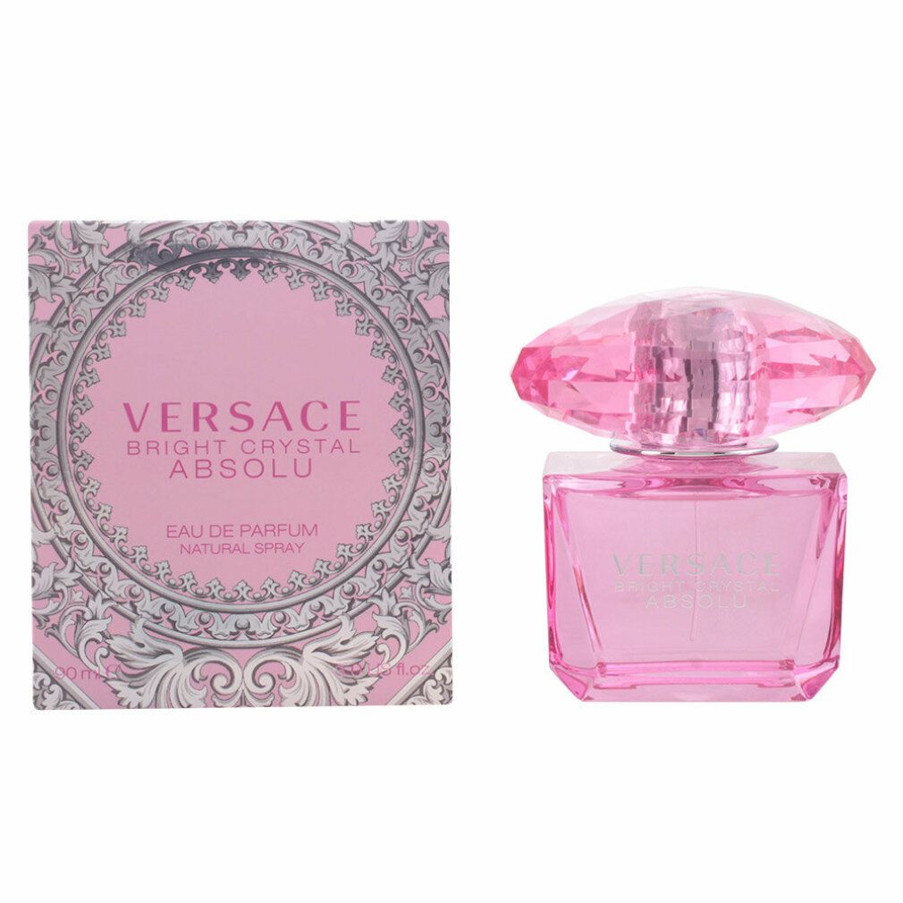 Flacone rosa con tappo di cristallo e confezione. Scritta: Versace Bright Crystal Absolu Eau De Parfum.