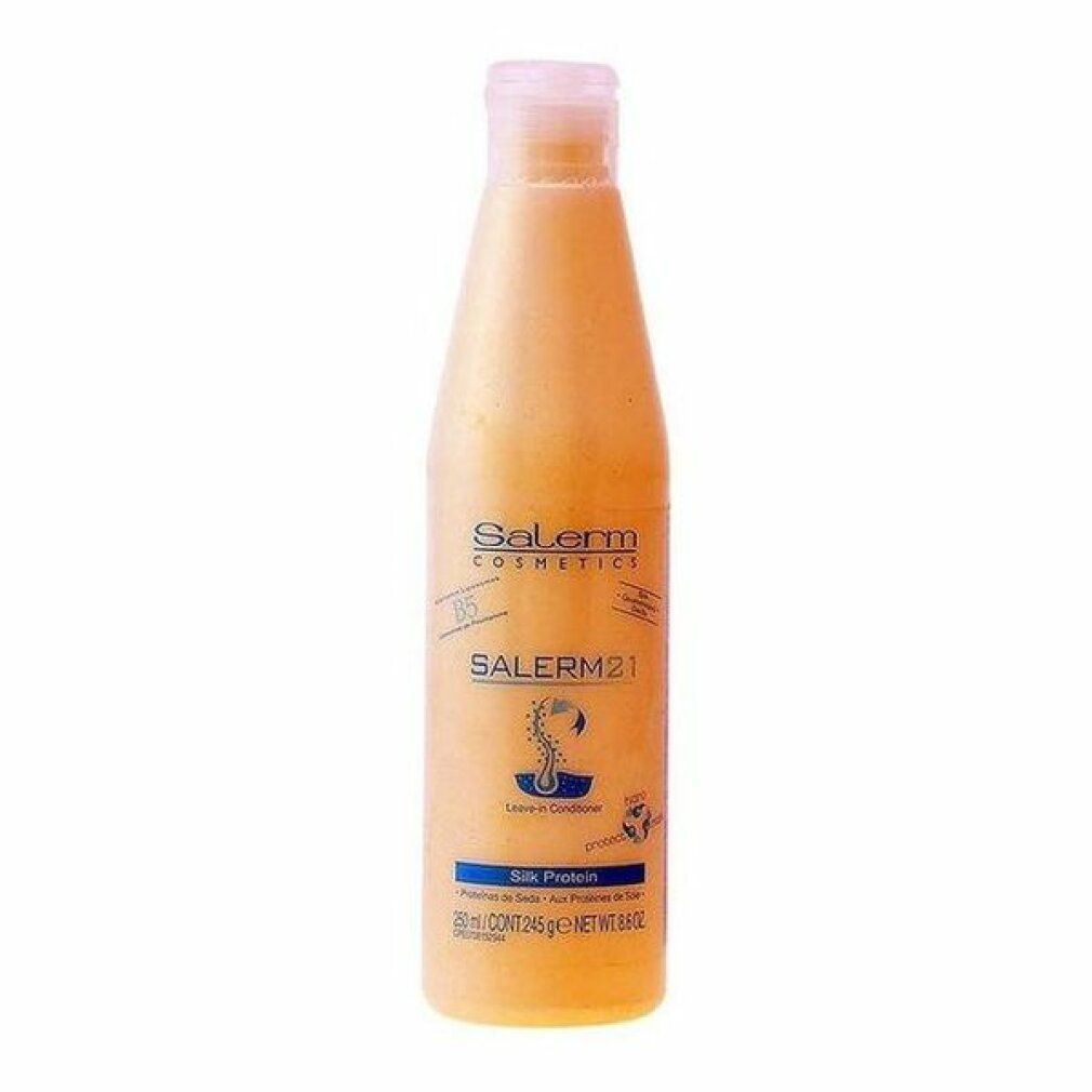 Bottiglia con tappo a vite. Scritte: Salerm Cosmetics, SALERM21, Leave-in Conditioner, Silk Protein. 250 ml.