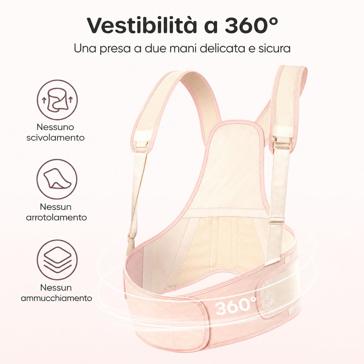 Fascia gravidanza con spalline, vestibilità 360°, senza scivolamento o arrotolamento.