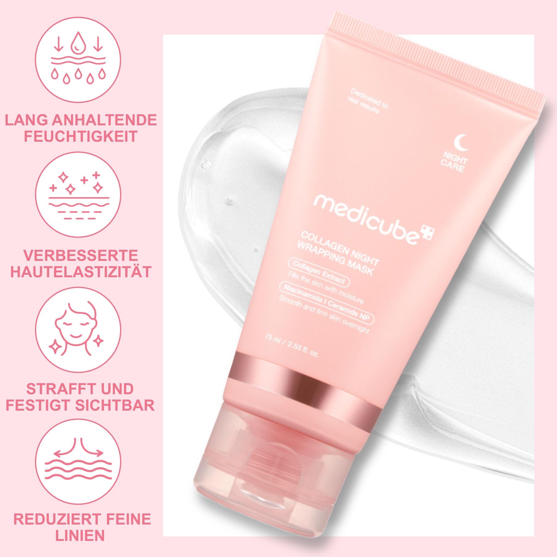 Tubo Medicube Collagen Night Wrapping Mask. Vantaggi: idratazione a lunga durata, migliora l'elasticità della pelle, rassoda e tonifica, riduce le rughe.