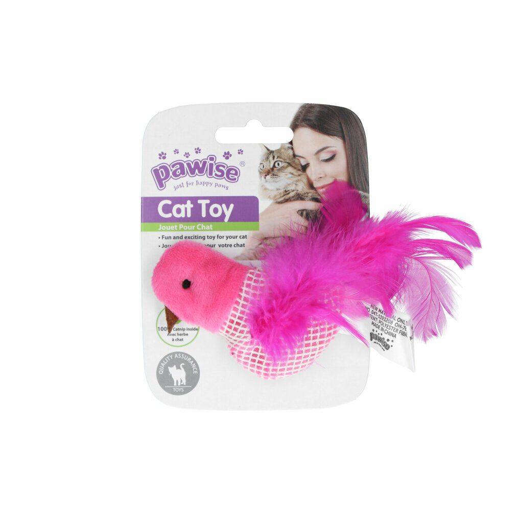 Giocattolo a forma di uccello rosa su confezione. Logo Pawise, testo 'Cat Toy'. Donna con gatto sullo sfondo.