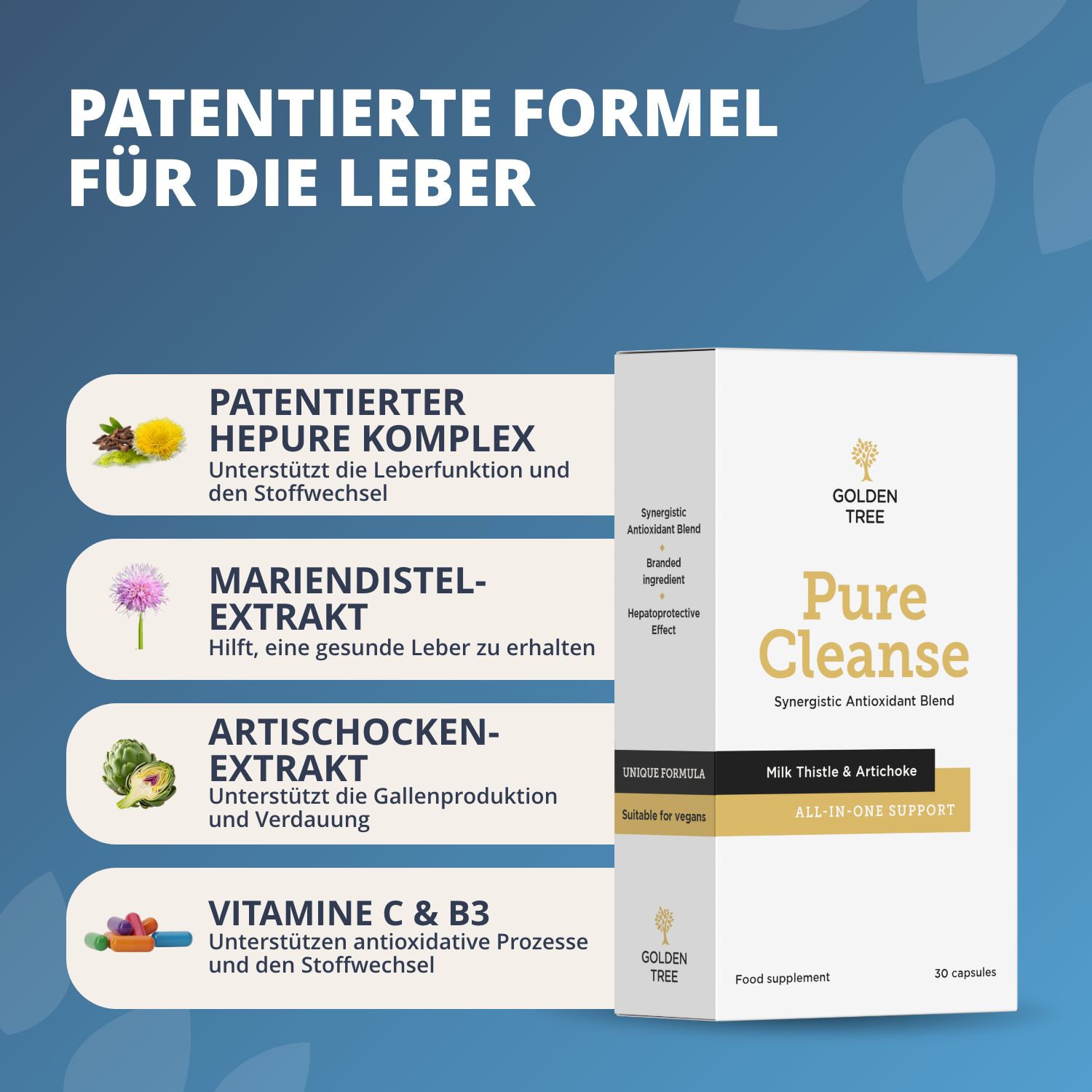 Confezione Golden Tree Pure Cleanse con informazioni sugli ingredienti.