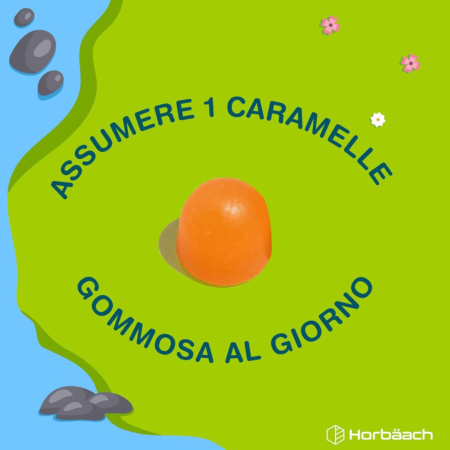 Caramella gommosa. Testo: ASSUMERE 1 CARAMELLE GOMMOSA AL GIORNO.