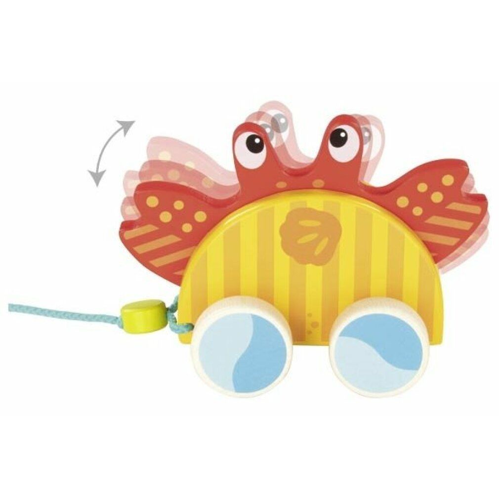 Granchio di legno con ruote e corda. Design giallo-arancione. Due ruote con dettagli blu. Chele rosse.