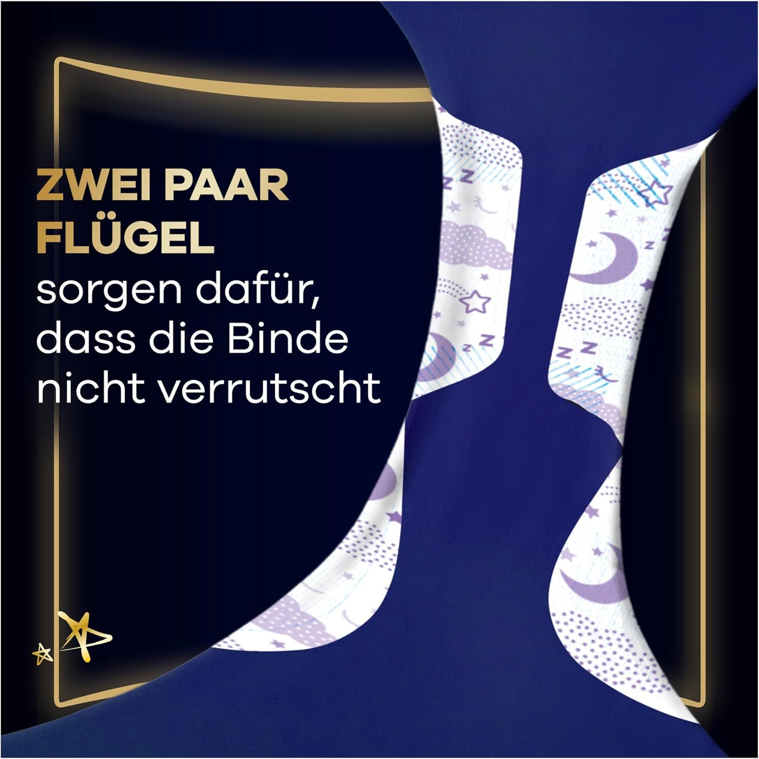 Assorbente con ali. Testo: Due paia di ali impediscono lo spostamento dell'assorbente.