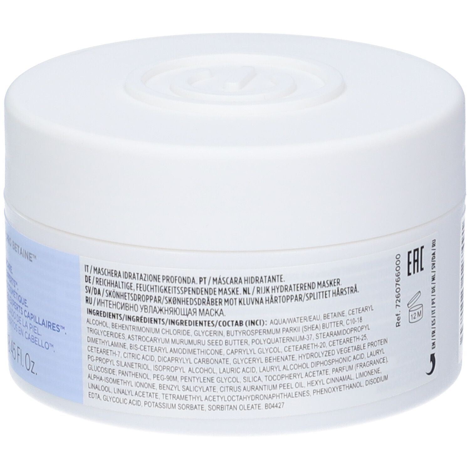 Vasetto bianco con coperchio. Scritta: RE/START HYDRATION, MOISTURE RICH MASK. Testo e ingredienti.