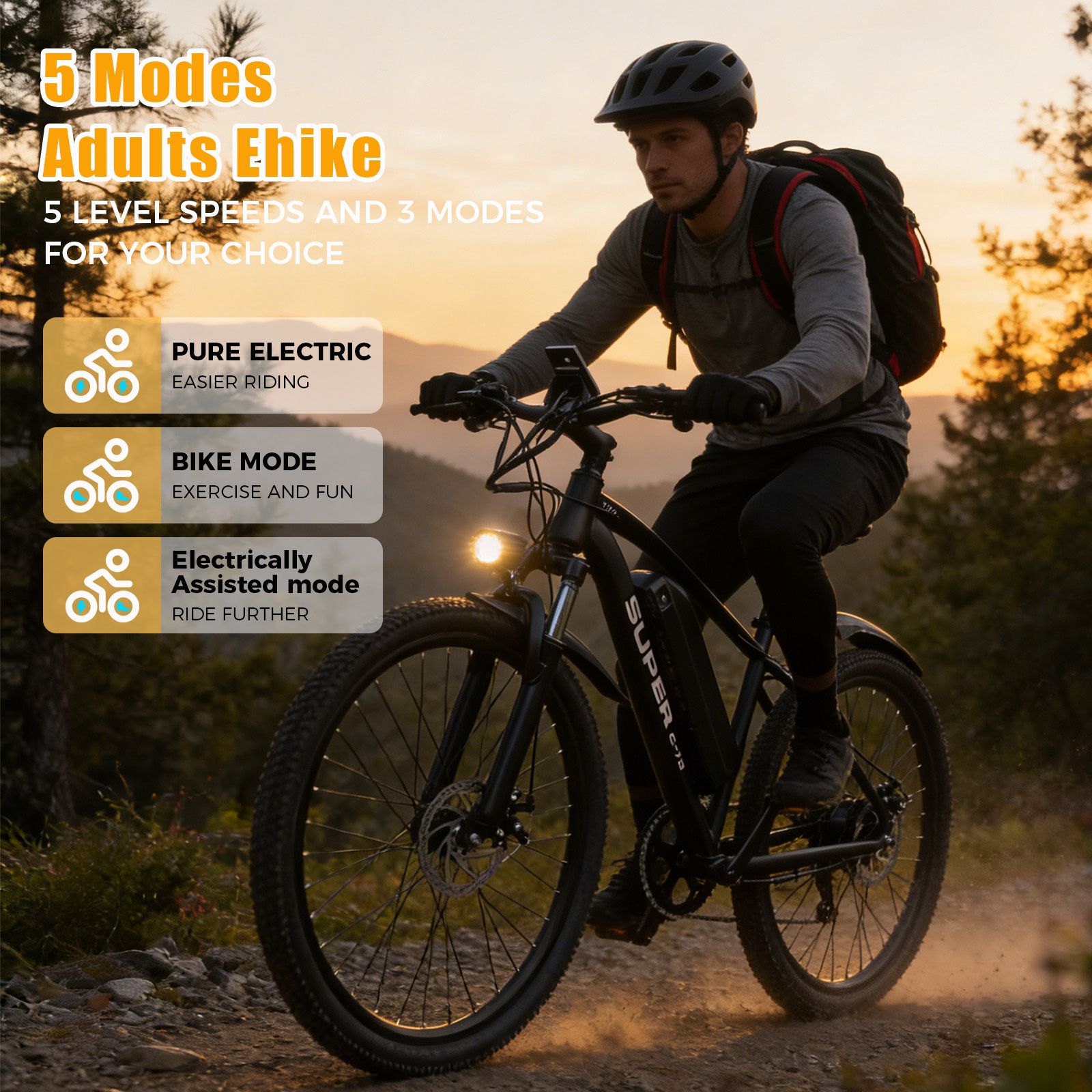 E-bike nera con ciclista su sentiero boschivo. Testo: 5 modalità, 5 velocità, 3 modalità. Modalità: Pure Electric, Bike Mode, Assisted Mode.