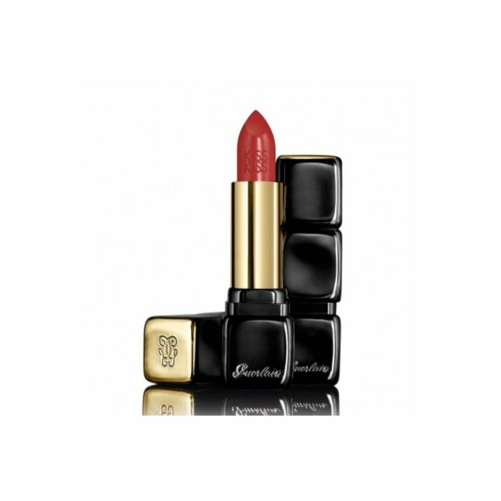 Rossetto rosso in custodia nera quadrata. Stelo dorato. Visibili "Kiss Kiss" e "Guerlain".