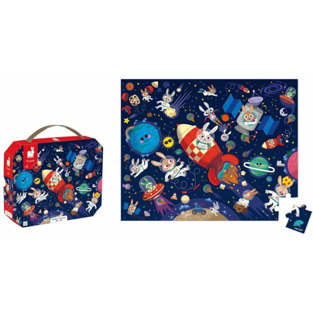 Puzzle Janod, 54 pezzi, con confezione e puzzle completato. Illustrazione di conigli in tuta spaziale, razzi, pianeti e stelle.